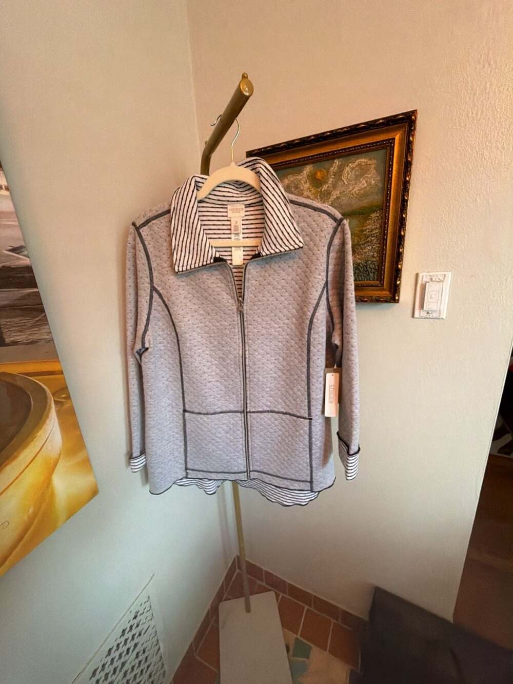 WEEKENDS by Chico's Diamond Stripes Reversible Zip Front LS Jacket